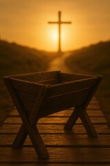 A Serene Sunrise Scene Featuring a Wooden Cradle in Foreground and a Cross Silhouette as the Main Focal Point of Faith and New Beginnings