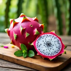 Dragon Fruit with Mint on Wooden Board in Outdoor Setting