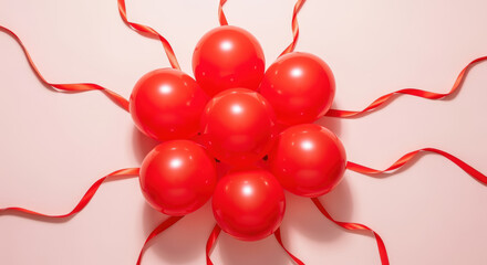 Radiant red balloons arranged in a circular pattern with curling ribbons on a pastel background for festive celebration and party decor