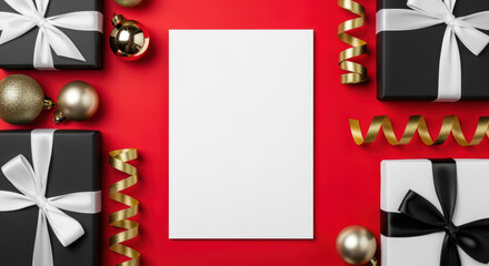 Blank white greeting card surrounded by black gift boxes gold baubles and curling ribbons on vibrant red festive background