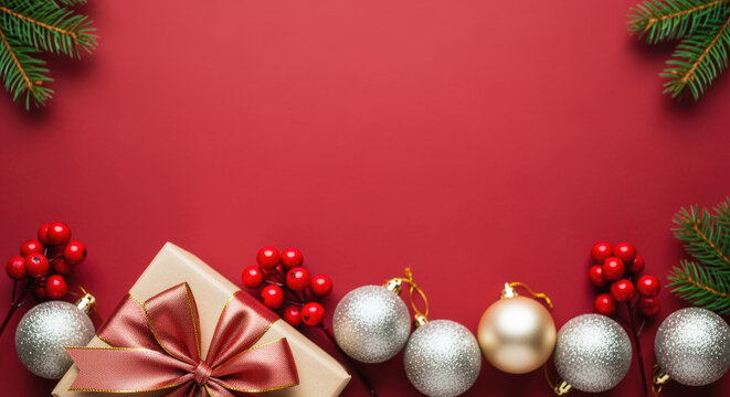 Festive christmas background with gift box, red berries, silver baubles and green fir branches on elegant red holiday backdrop