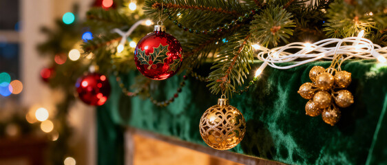Festive christmas tree ornaments hanging on green garland above fireplace with warm glowing holiday lights and cozy seasonal atmosphere