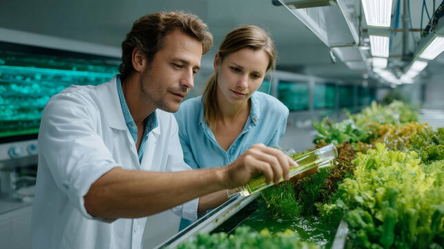 Scientist engineer researcher vertical farm indoor agriculture hydroponic technology happily inspecting green plant. They collaborate with