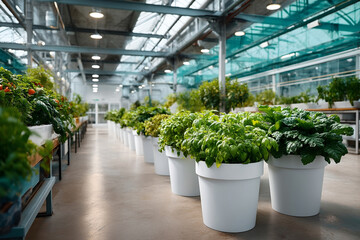 Lush green plant growth white pot container modern indoor commercial sustainable farm facility. Vitality and abundance evident across hydroponic