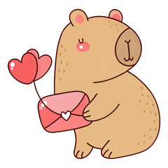 Fototapeta premium Cute Valentines capybara holding pink love letter with floating heart balloons in sweet cartoon style