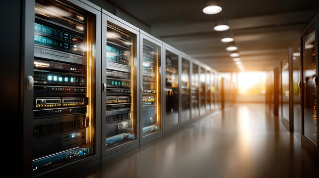 Powerful server rack data center technology computing infrastructure network storage illuminated hallway appears vast and immensely efficient