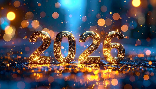 Celebrate a bright, sparkling 2026 with elegant gold numbers and bokeh lights, perfect for New Year's promotions and optimistic future vision campaigns