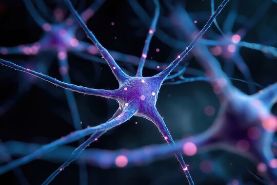 3D illustration of a blue neuron cell with glowing pink synapses. Concept of brain activity, neurology, and nervous system - Powered by Adobe