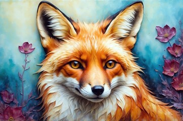 Stunning orange fox with bright eyes surrounded by colorful flowers on a vivid background
