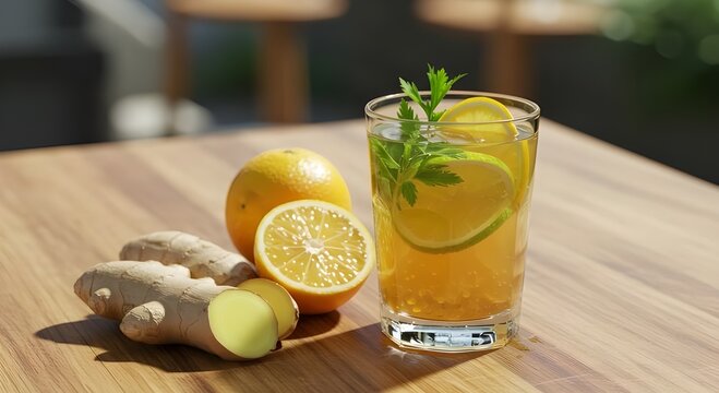 fresh ginger lemon wellness drink with herbs on wooden cutting board healthy detox beverage