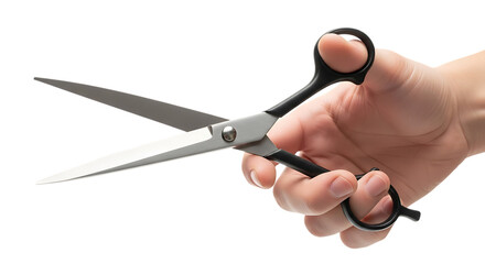 Hand holding open scissors isolated on transparent background for cutting or trimming
