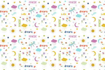 Whimsical seamless pattern with UFOs, moons, clouds, stars, hearts, and 