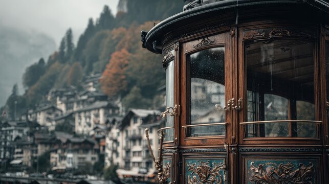 Historic Wooden Cable Car Cabin with Ornate Details and Mountain View
