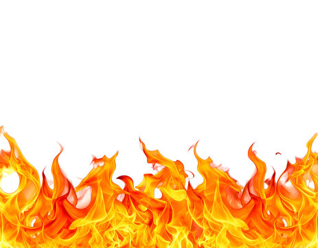 Bright, dynamic flames lick upward against a stark black background