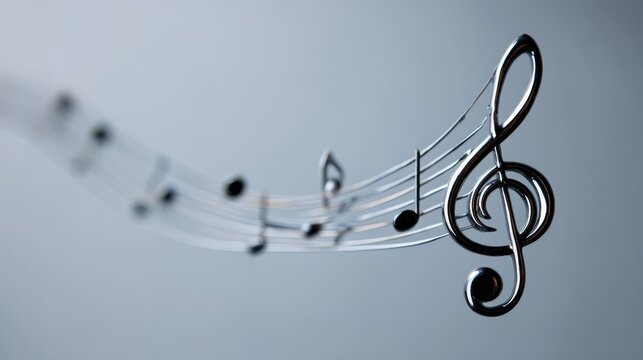 Metallic Treble Clef and Musical Notes Flowing Across Staff