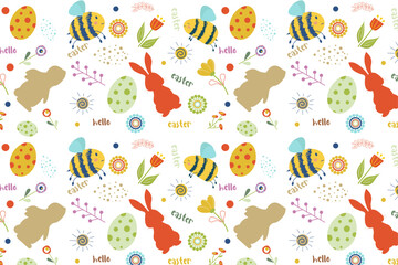 Cute Easter seamless pattern featuring bunnies, bees, colorful eggs, flowers, and 