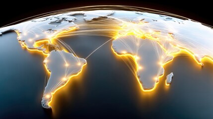 A stylized 3D rendering of the Earth displaying glowing lines connecting various points across continents, symbolizing global networks and connections.