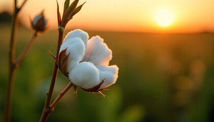 Close-Up of Cotton Bolls in Sunlit Field During Golden Sunset