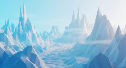 : A minimalist 3D render of a serene landscape composed entirely of smooth, interconnected geometric shapes (triangles, pyramids, cuboids) in a gradient of soft pastel blues and whites. Subtle volumet