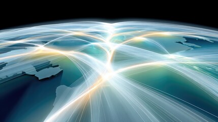 Abstract visualization of global communication networks, showing glowing lines connecting points on a stylized Earth map against a dark background.