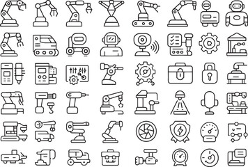 Collection of automation and robotic arm icons isolated on