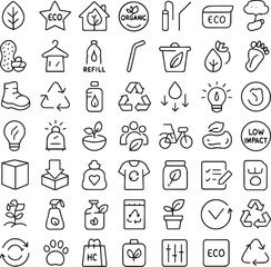 Collection of eco friendly and zero waste icons isolated on