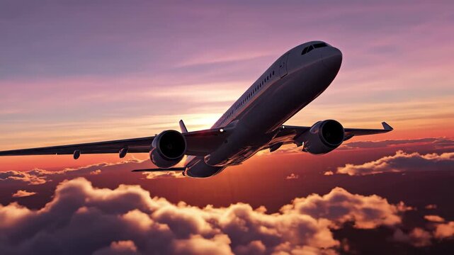 Commercial airplane flying above a vibrant cloudscape during a beautiful golden hour sunset
