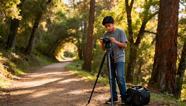 Latino teen setting up camera tripod on forest trail, warm light, peaceful mood, documentary style - Powered by Adobe
