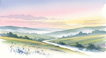 Obraz premium Watercolor landscape painting of rolling hills and serene sky at sunset
