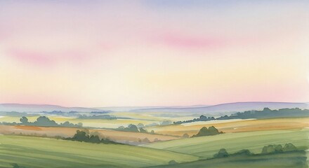 Fototapeta premium Watercolor landscape painting of rolling hills and a colorful sunset sky