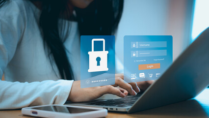 Woman Typing on Laptop with Cybersecurity Login Interface and Data Protection Icons