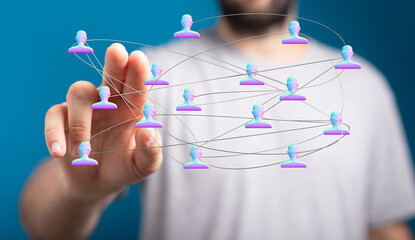 An image illustrating the concept of a digital network with a hand touching the linked figures. Perfect for technology and connection themes.