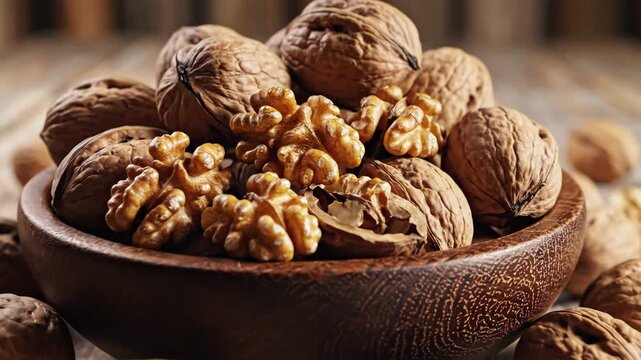 A rustic wooden bowl brimming with whole and shelled walnuts on a textured wooden table
