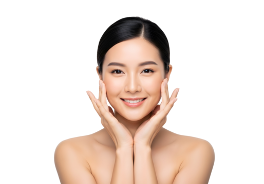 Beautiful young Asian woman smiling with radiant healthy skin and natural beauty posing in a studio for skincare and wellness concept advertising