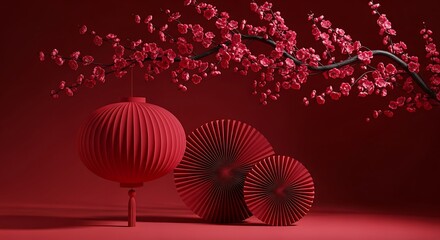 Red chinese lantern and paper fans rest near blossoming plum branch against a deep red backdrop, celebrating the lunar new year with festive elegance.