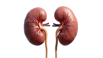 Realistic 3d render of two human kidneys with renal artery and vein isolated on transparent background