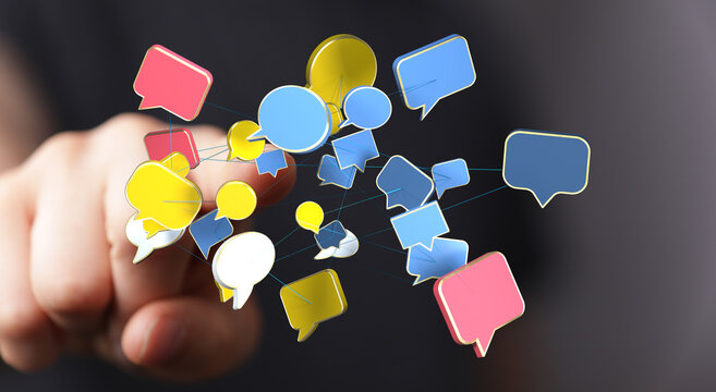 Hand touching digital chat bubbles network, communicating with social media and technology