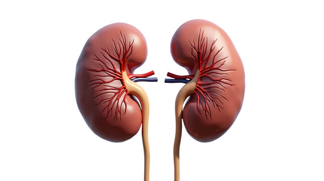 Realistic 3d render of two human kidneys with renal artery and vein isolated on transparent background