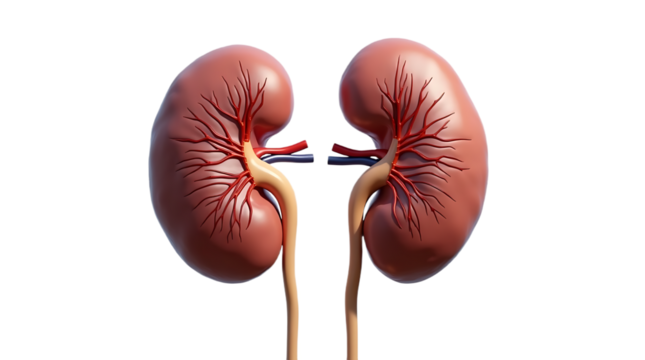 Realistic 3d render of two human kidneys with renal artery and vein isolated on transparent background