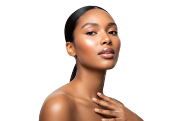 Beautiful young Black woman with radiant healthy glowing skin confidently showcasing natural beauty and elegant skincare results in a studio portrait