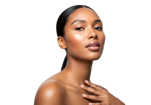 Beautiful young Black woman with radiant healthy glowing skin confidently showcasing natural beauty and elegant skincare results in a studio portrait