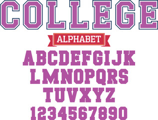 College sports alphabet font, bold varsity lettering for team logos, apparel design, and school spirit graphics with classic athletic style.