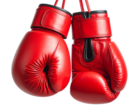  Red Boxing Gloves Hanging Together by Straps, Front View, Transparent PNG 