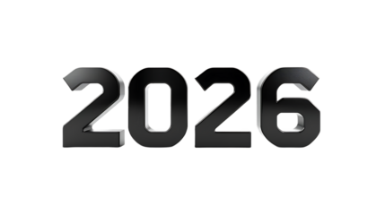 Metallic 3d rendered number 2026 isolated on transparent background