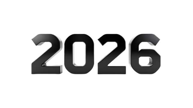 Metallic 3d rendered number 2026 isolated on transparent background