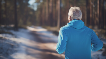 Senior Man Jogging in Winter Forest Back View