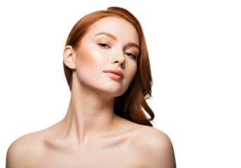 Stunning young redhead woman with radiant glowing skin posing confidently showcasing her natural beauty and healthy complexion for skincare and elegance