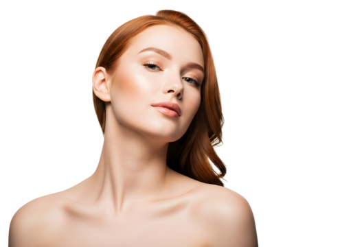Stunning young redhead woman with radiant glowing skin posing confidently showcasing her natural beauty and healthy complexion for skincare and elegance
