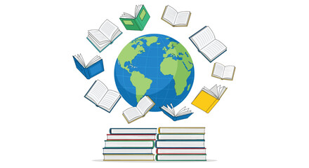 Explore global knowledge with vibrant books surrounding the world, perfect for educational content and promoting literacy initiatives