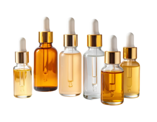 Premium facial beauty serums in refined crystal containers with metallic gold detailing for high-end cosmetic branding, elegance, and wellness, isolated on a transparent background, PNG